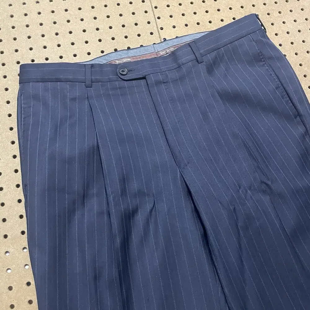 Hickey Freeman Suit Mens 44 R Navy 2pc Double Breasted Pinstripes Pants 36 USA